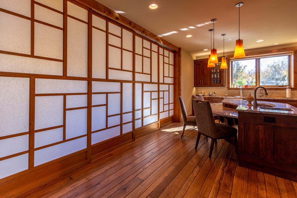 Kitchen with shoji style sliding doors all the way closed.