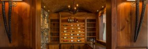 Wine cellar with antler lights.